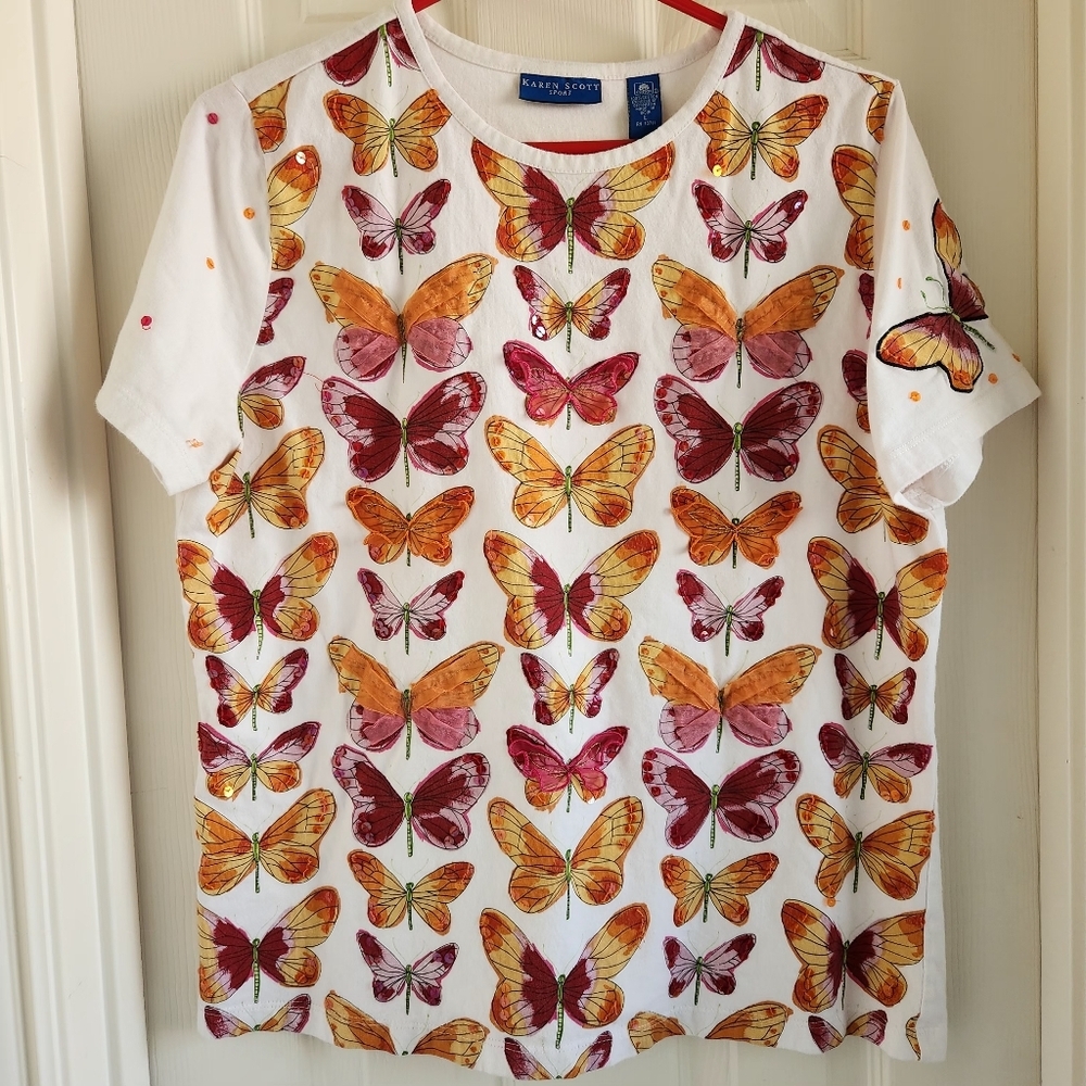 Vintage Karen Scott Sequin Butterfly Graphic Cotton T-Shirt White L Nature-lover
